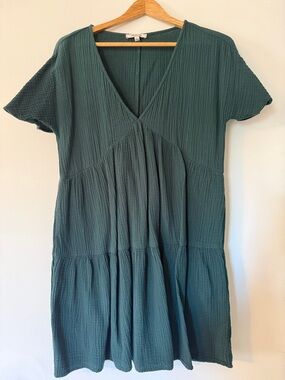 Madewell Dark Green V-Neck Tiered Mini Dress